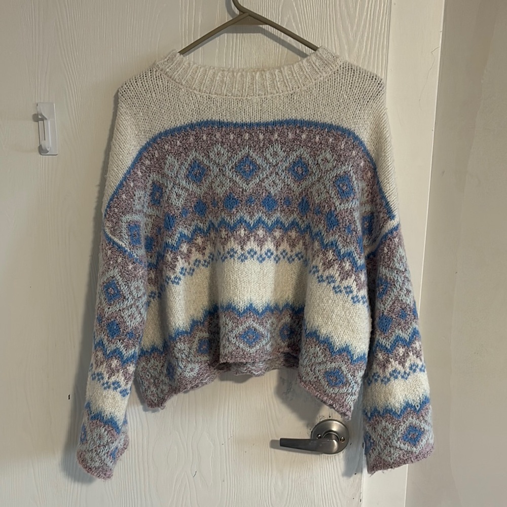 Cream and Blue Fair Isle Crew Neck Sweater